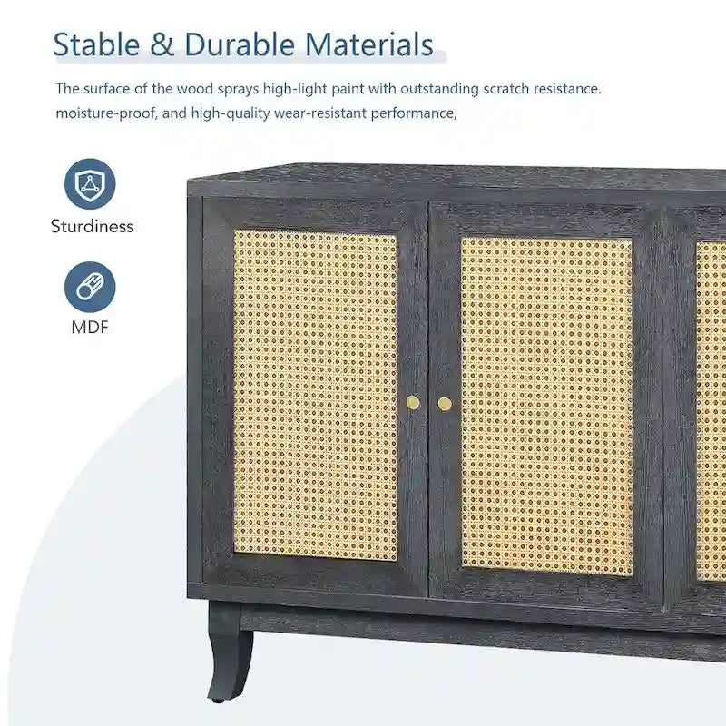 Wood Sideboard Cabinet with 4 Rattan Doors and Adjustable Shelves