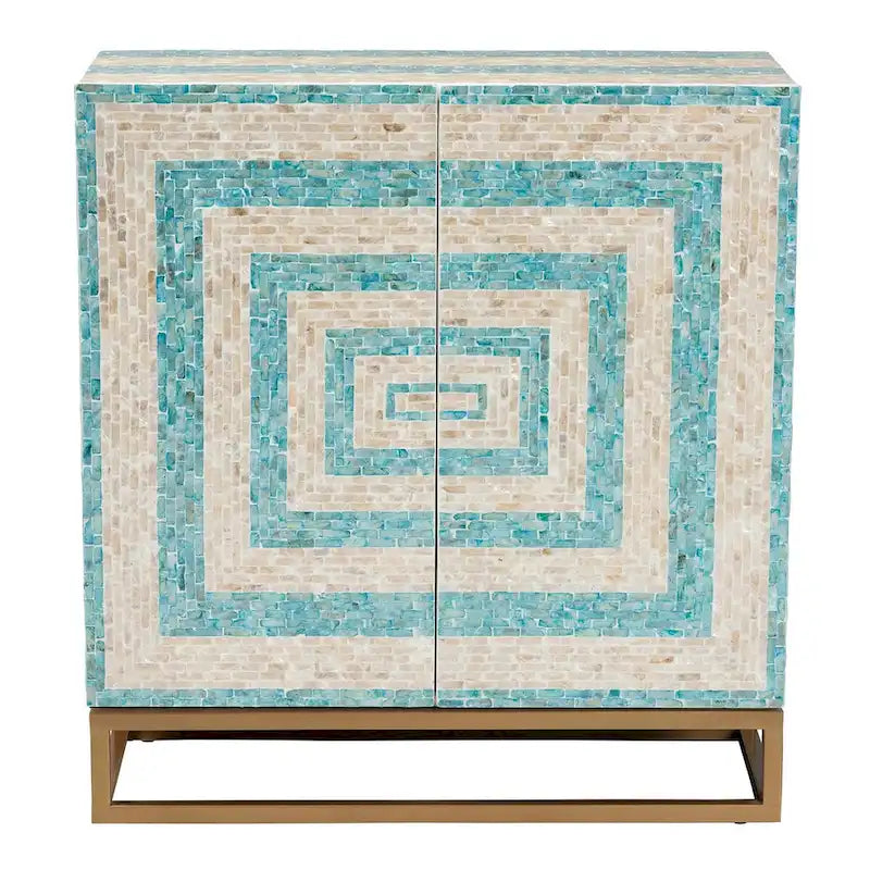 Utari Modern Bohemian Two-Tone Beige and Blue Mother of Pearl and Gold Metal Storage Cabinet