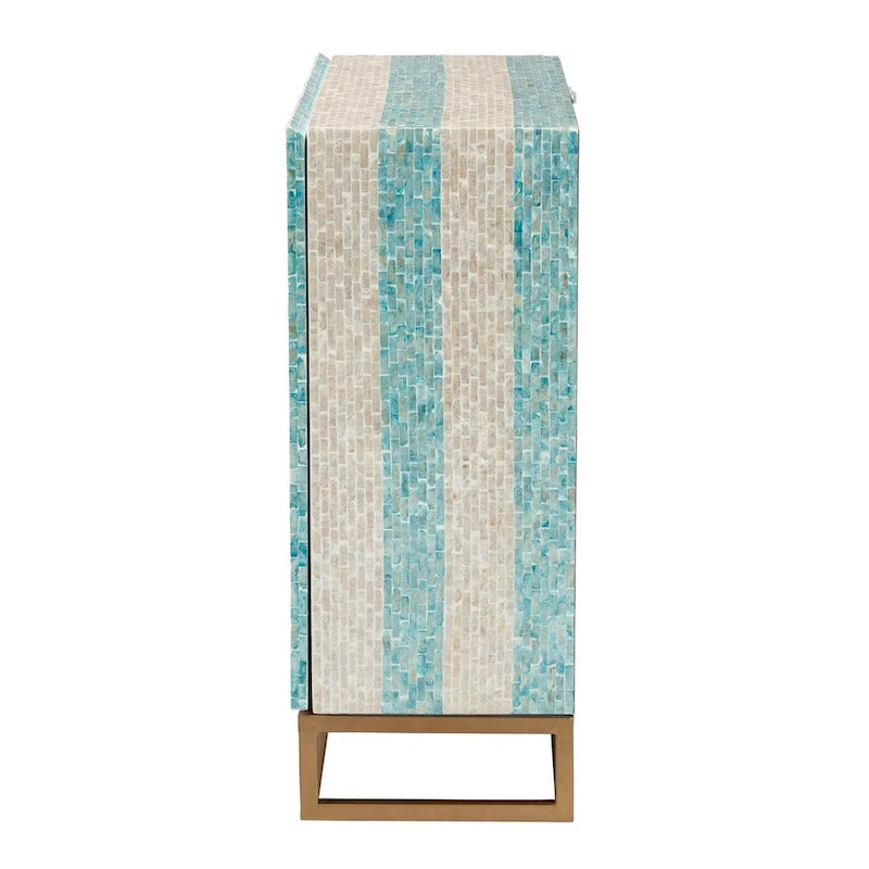 Utari Modern Bohemian Two-Tone Beige and Blue Mother of Pearl and Gold Metal Storage Cabinet