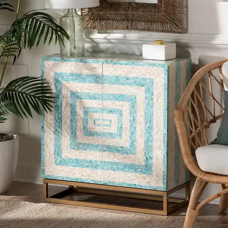 Utari Modern Bohemian Two-Tone Beige and Blue Mother of Pearl and Gold Metal Storage Cabinet