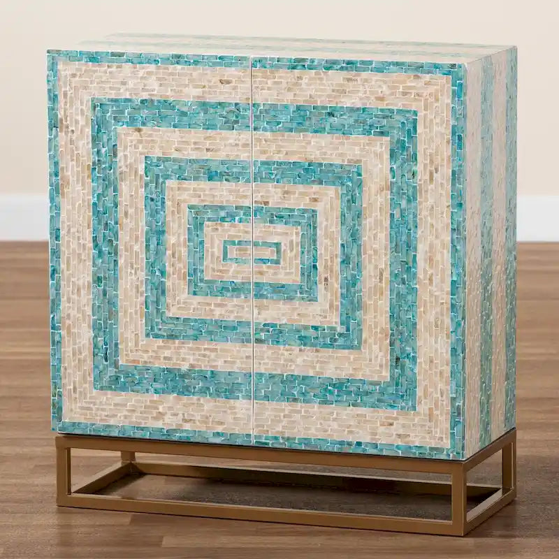 Utari Modern Bohemian Two-Tone Beige and Blue Mother of Pearl and Gold Metal Storage Cabinet