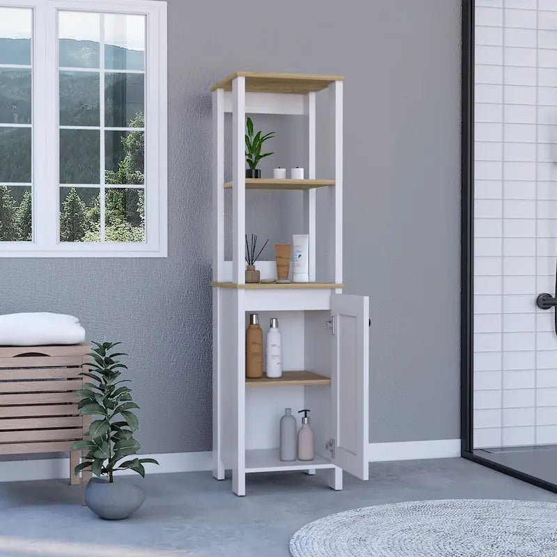 New Haven Linen Single Door Cabinet, Two Interior Shelves, Two Open Shelves, Light Oak / White