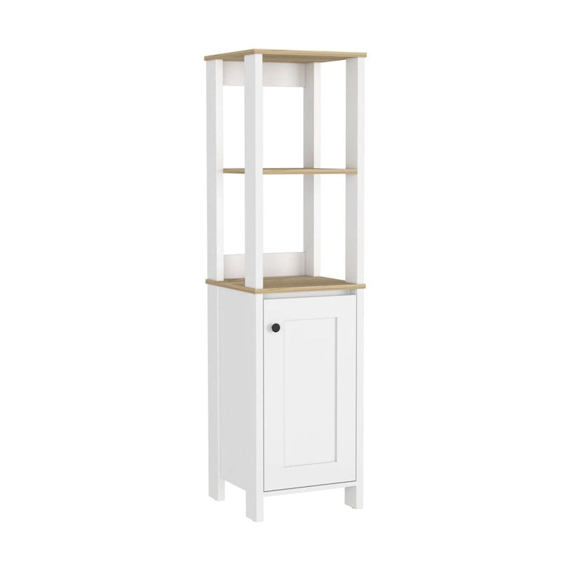 New Haven Linen Single Door Cabinet, Two Interior Shelves, Two Open Shelves, Light Oak / White