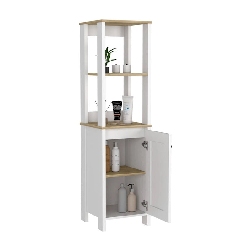 New Haven Linen Single Door Cabinet, Two Interior Shelves, Two Open Shelves, Light Oak / White