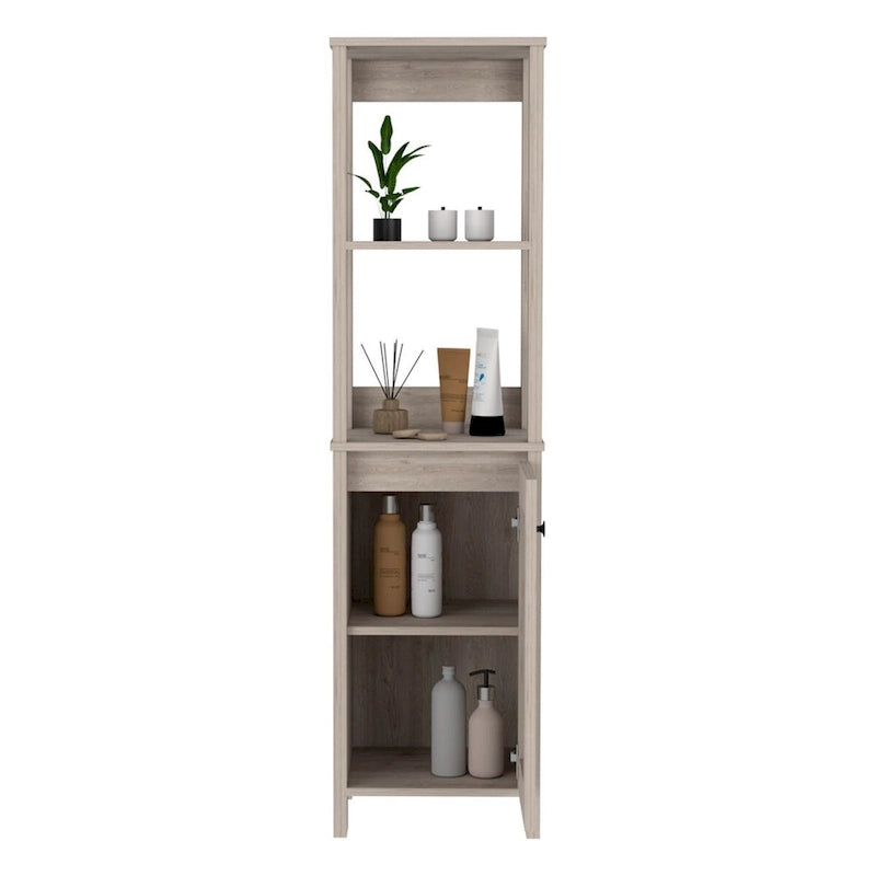 New Haven Linen Single Door Cabinet, Two Interior Shelves, Two Open Shelves, Light Oak / White