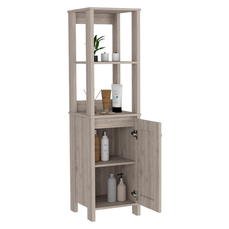 New Haven Linen Single Door Cabinet, Two Interior Shelves, Two Open Shelves, Light Oak / White