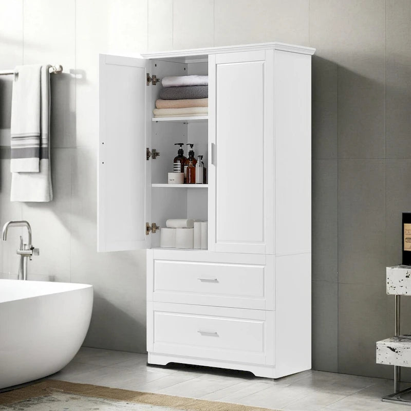 63Tall Bathroom Storage Cabinet, Cabinet with Two Doors and Drawers, Adjustable Shelf, MDF Board, White