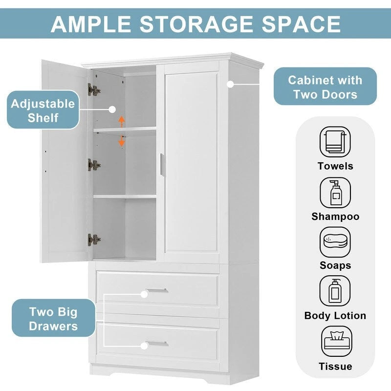 63Tall Bathroom Storage Cabinet, Cabinet with Two Doors and Drawers, Adjustable Shelf, MDF Board, White
