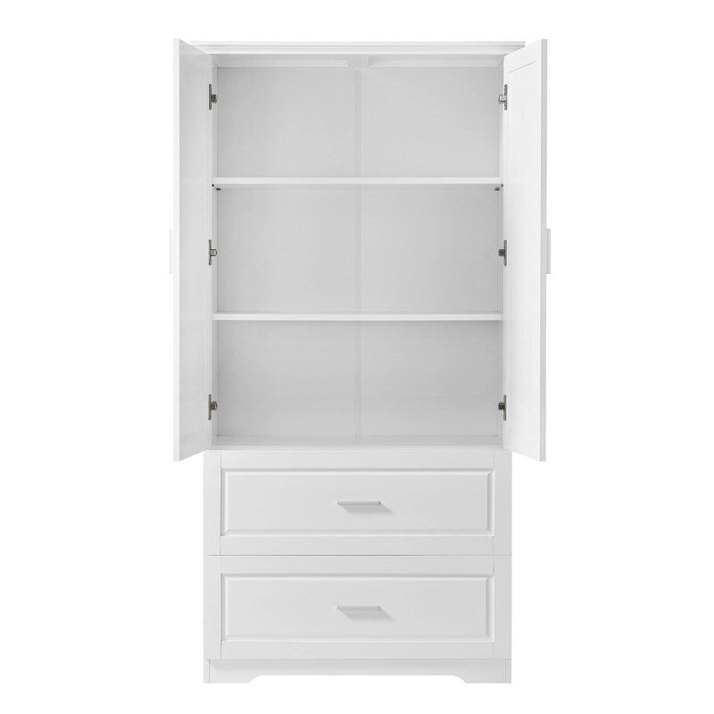 63Tall Bathroom Storage Cabinet, Cabinet with Two Doors and Drawers, Adjustable Shelf, MDF Board, White