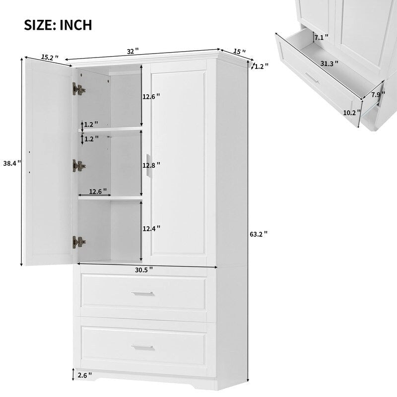 63Tall Bathroom Storage Cabinet, Cabinet with Two Doors and Drawers, Adjustable Shelf, MDF Board, White