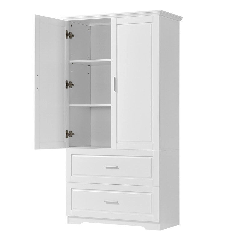 63Tall Bathroom Storage Cabinet, Cabinet with Two Doors and Drawers, Adjustable Shelf, MDF Board, White