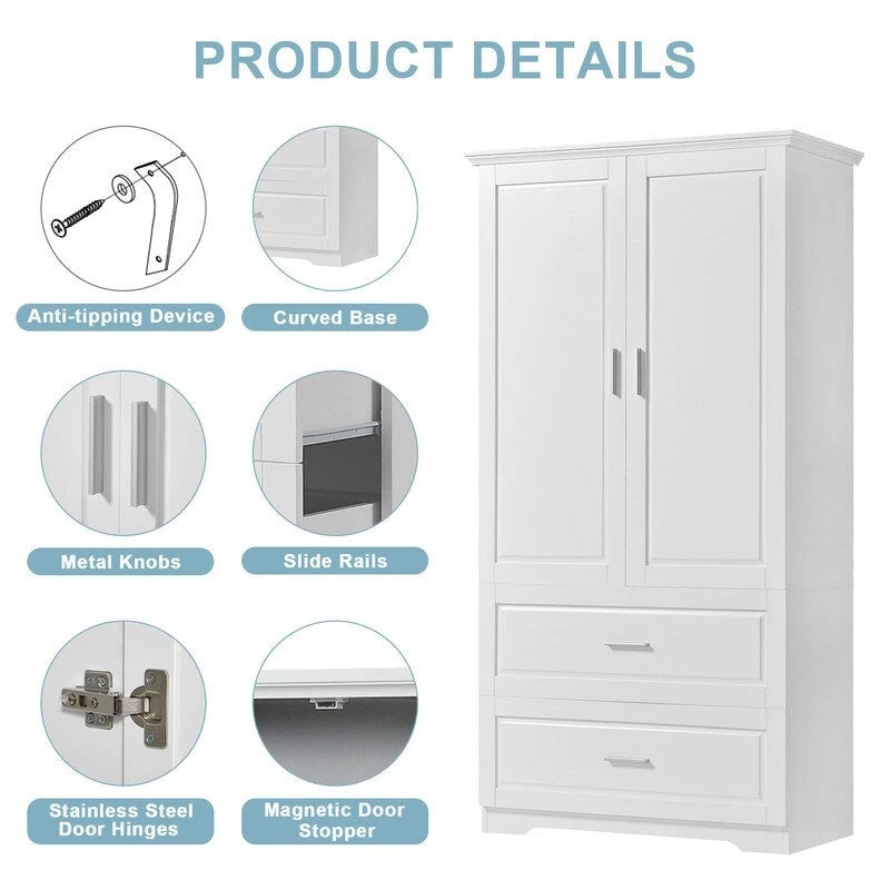 63Tall Bathroom Storage Cabinet, Cabinet with Two Doors and Drawers, Adjustable Shelf, MDF Board, White