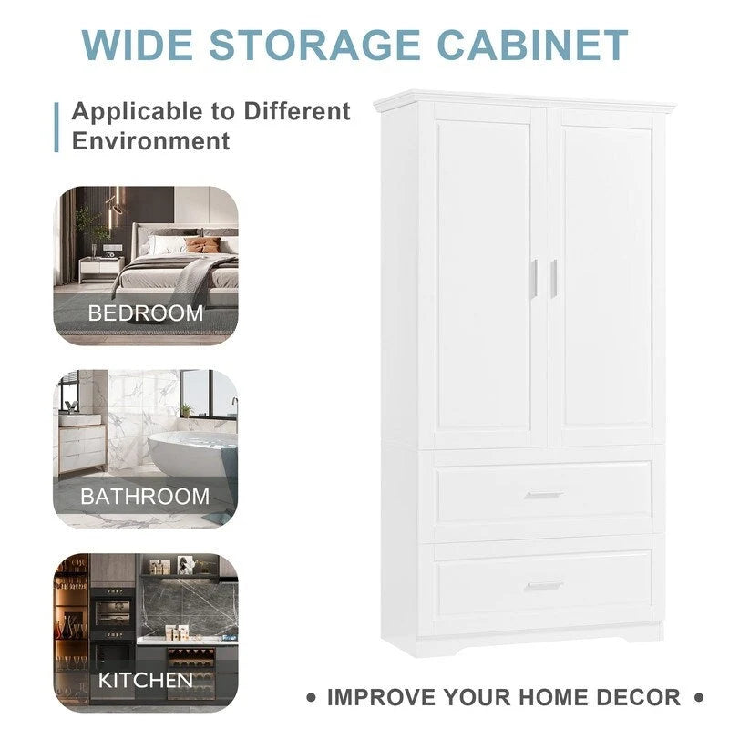63Tall Bathroom Storage Cabinet, Cabinet with Two Doors and Drawers, Adjustable Shelf, MDF Board, White