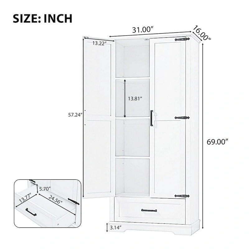 Tall Bathroom Storage Cabinet, Cabinet with Two Doors and One Drawer, Adjustable Shelf, MDF Board, White