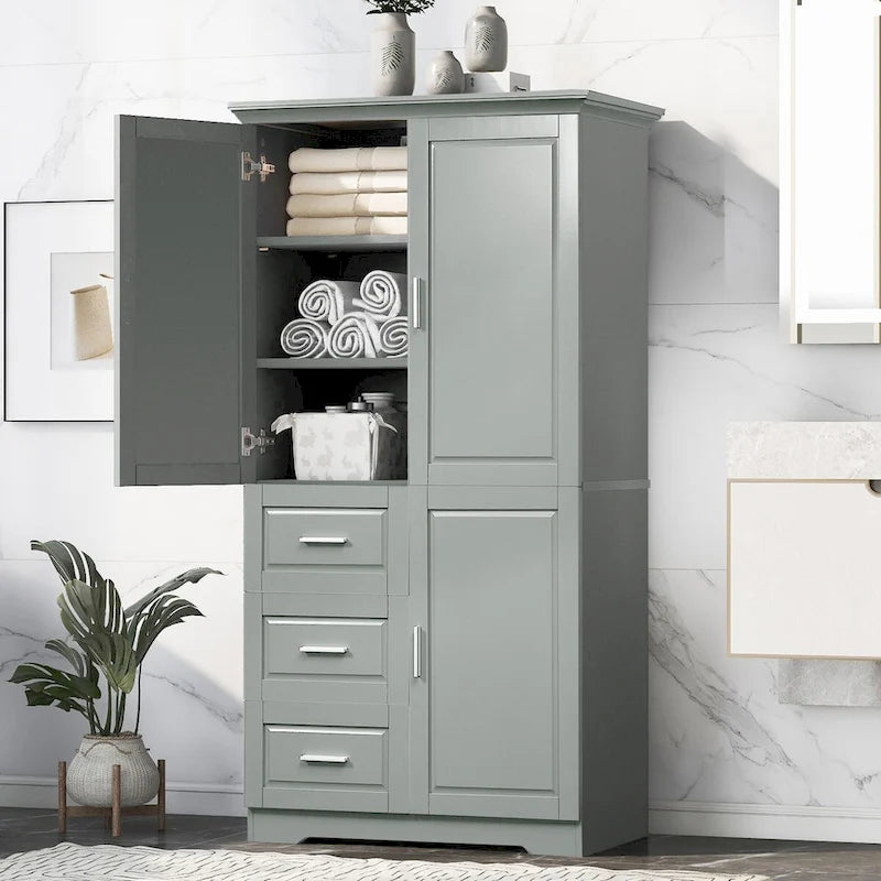 Tall and Wide Storage Cabinet with Doors for Bathroom/Office, Three Drawers, Grey