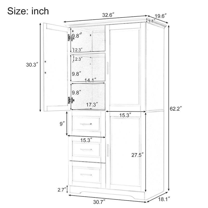 Tall and Wide Storage Cabinet with Doors for Bathroom/Office, Three Drawers, Grey