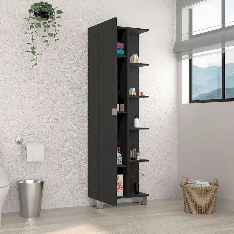 Urano Mirror Linen Cabinet, Four Interior Shelves, Five External Shelves -Black