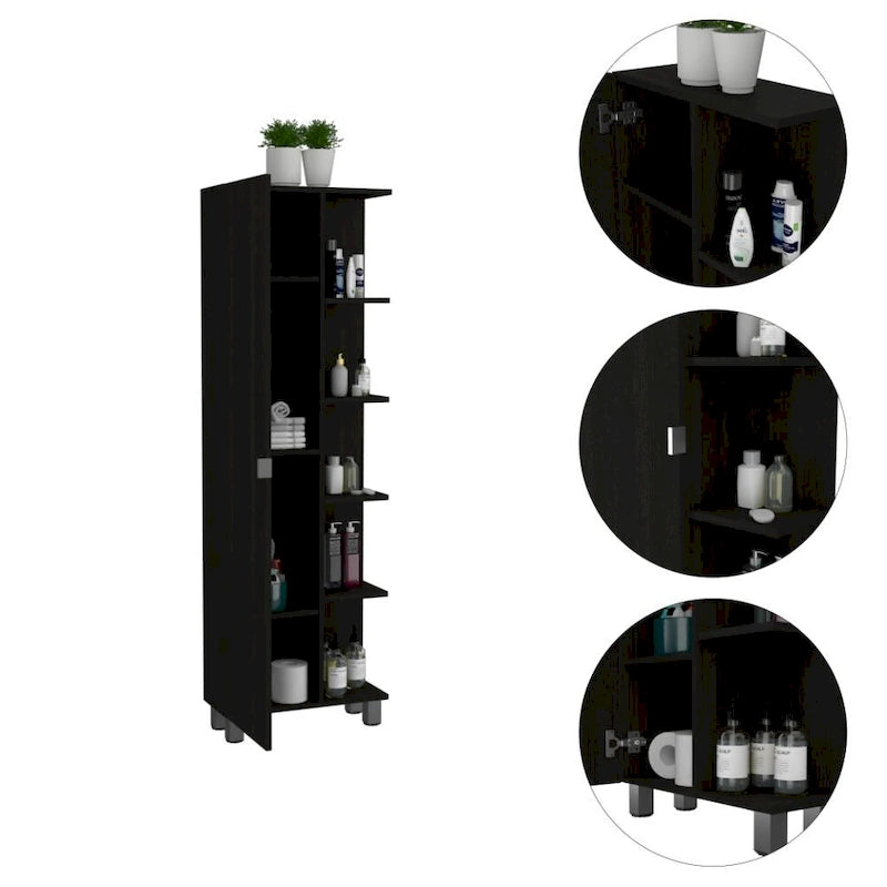 Urano Mirror Linen Cabinet, Four Interior Shelves, Five External Shelves -Black