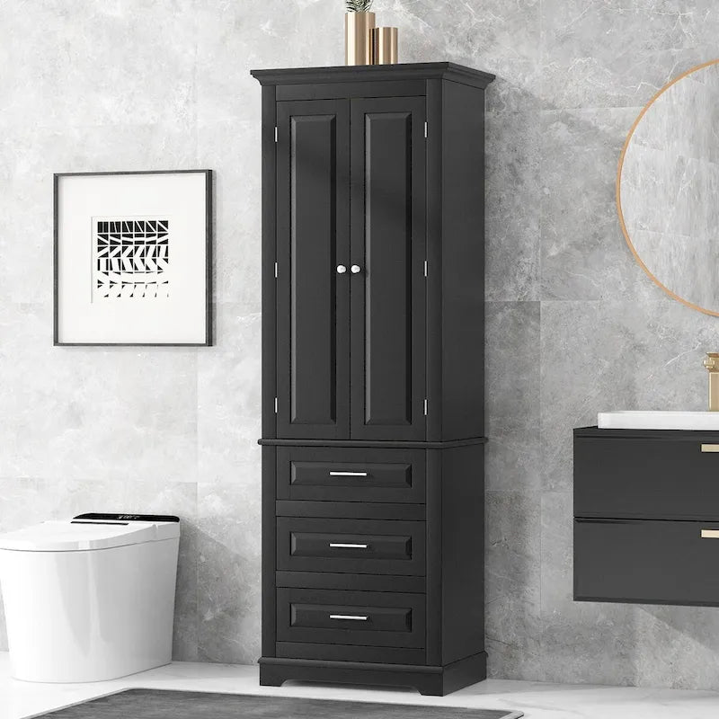 70 Tall Storage Cabinet with Doors and Three Drawers for Bathroom/Office