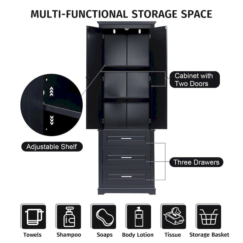 70 Tall Storage Cabinet with Doors and Three Drawers for Bathroom/Office