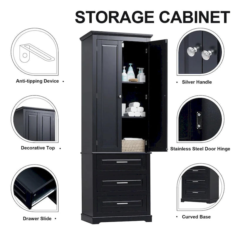 70 Tall Storage Cabinet with Doors and Three Drawers for Bathroom/Office