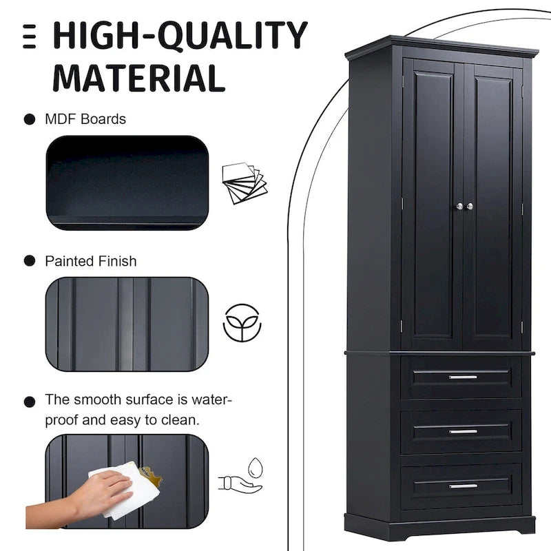 70 Tall Storage Cabinet with Doors and Three Drawers for Bathroom/Office