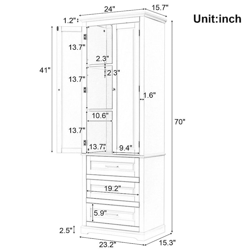 70 Tall Storage Cabinet with Doors and Three Drawers for Bathroom/Office