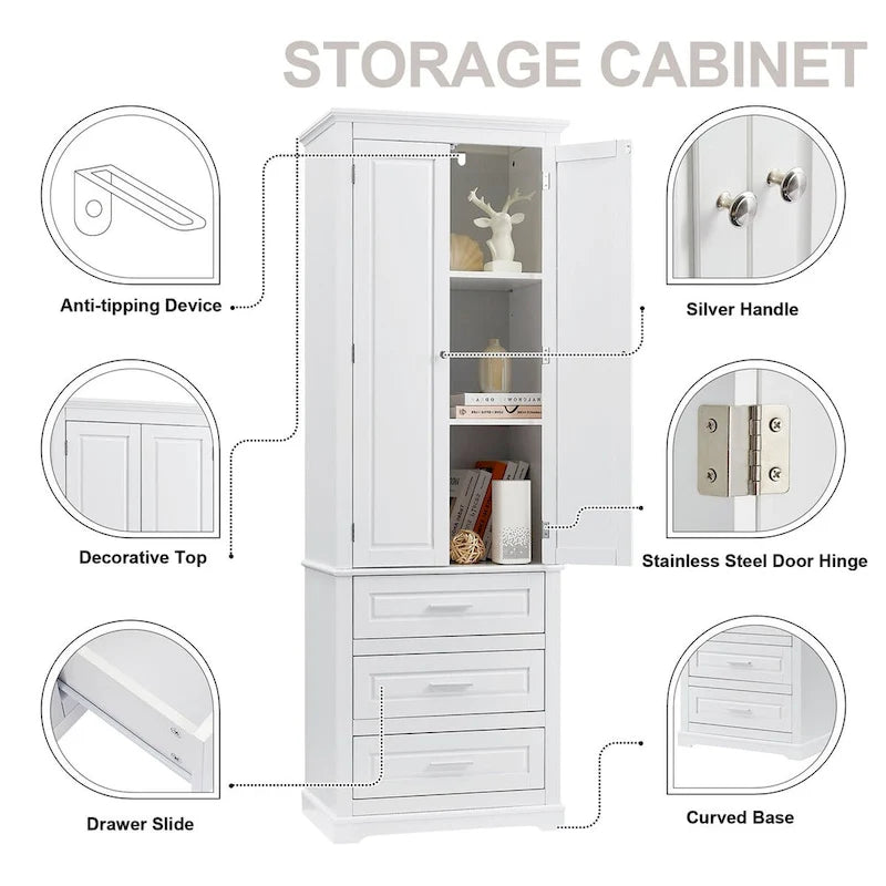 70 Tall Storage Cabinet with Doors and Three Drawers for Bathroom/Office