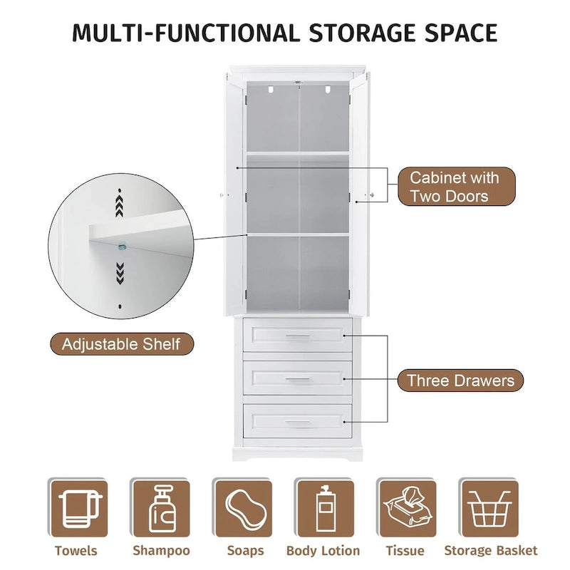70 Tall Storage Cabinet with Doors and Three Drawers for Bathroom/Office