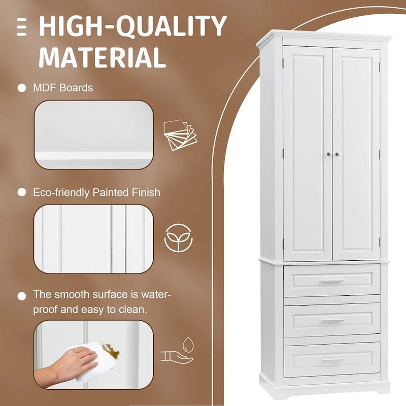 70 Tall Storage Cabinet with Doors and Three Drawers for Bathroom/Office