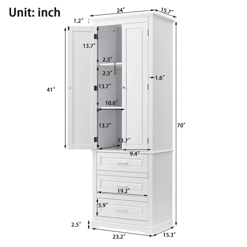 70 Tall Storage Cabinet with Doors and Three Drawers for Bathroom/Office