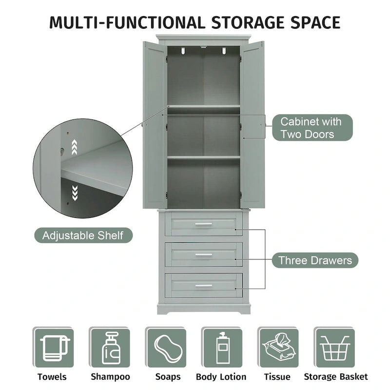 70 Tall Storage Cabinet with Doors and Three Drawers for Bathroom/Office