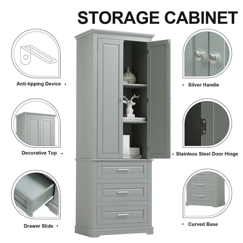 70 Tall Storage Cabinet with Doors and Three Drawers for Bathroom/Office