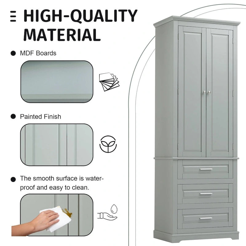 70 Tall Storage Cabinet with Doors and Three Drawers for Bathroom/Office