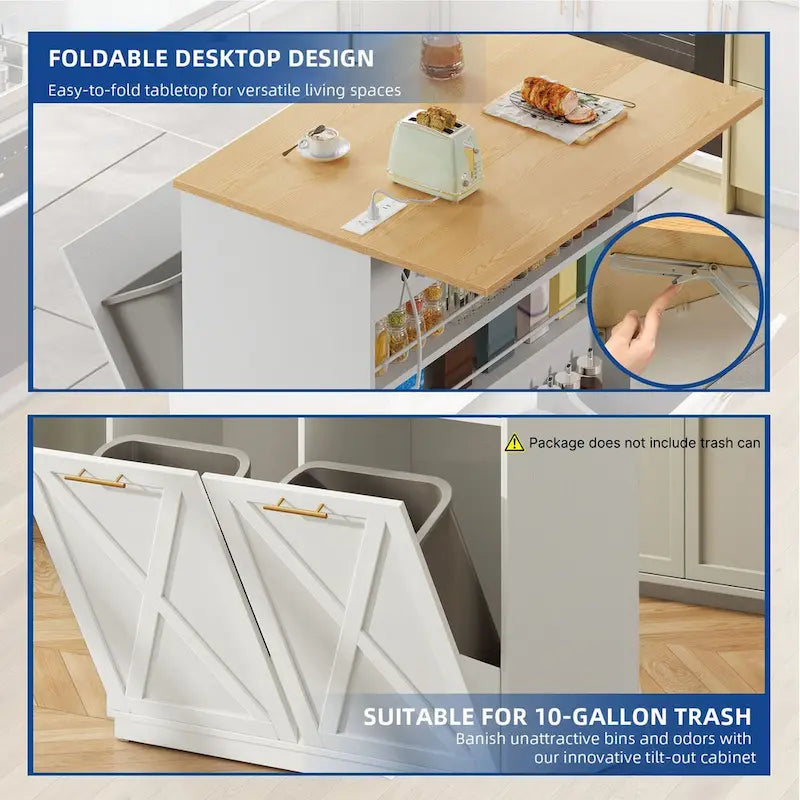 Moasis Kitchen Island Drop Leaf Double Tilt Out Trash Cabinet with Power Outlet & Wheels