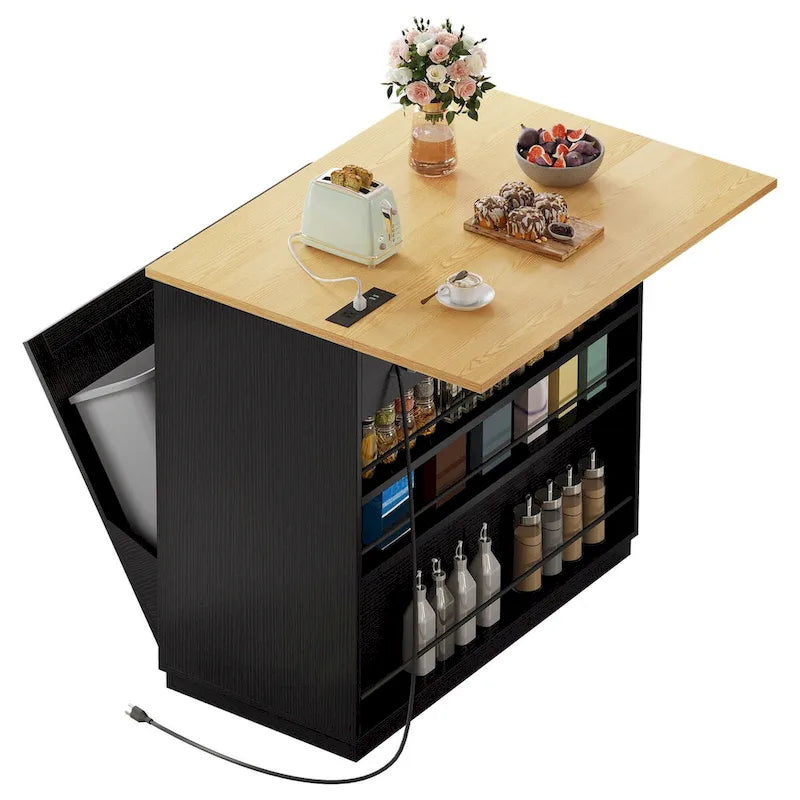 Moasis Kitchen Island Drop Leaf Double Tilt Out Trash Cabinet with Power Outlet & Wheels