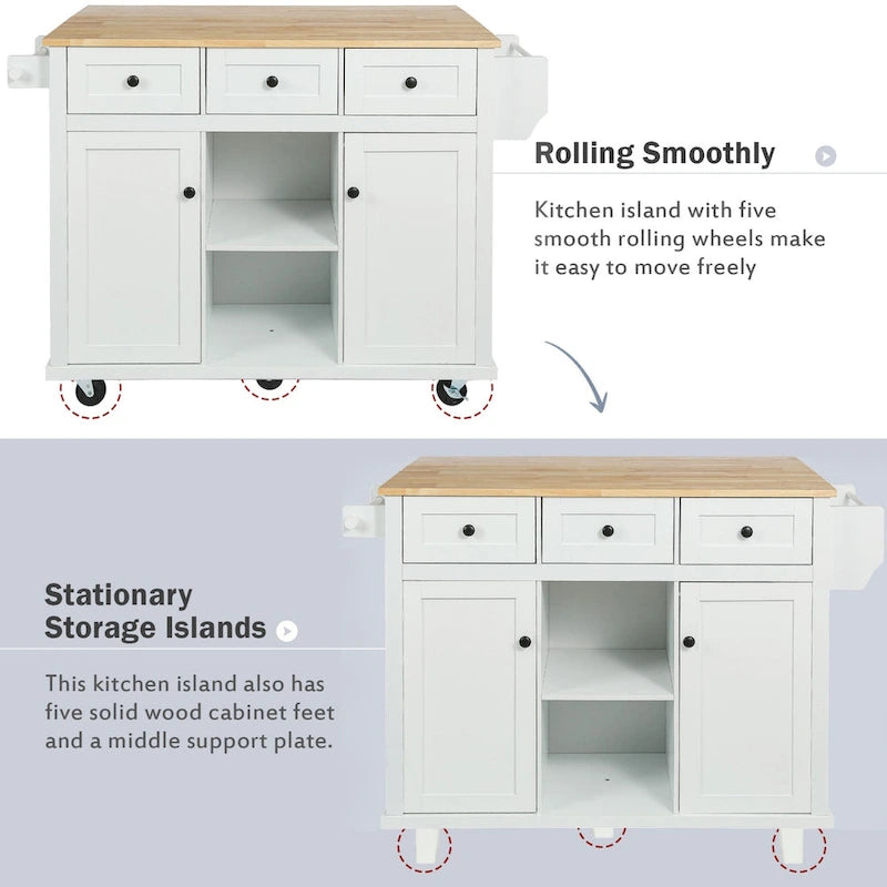 Oaks Aura 5-wheel White Kitchen Cart, Rubberwood Drop-Leaf Countertop, Internal storage racks, 3-drawer Storage Cabinet
