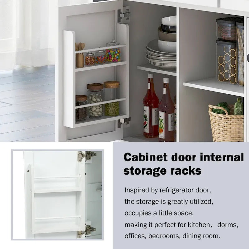 Oaks Aura 5-wheel White Kitchen Cart, Rubberwood Drop-Leaf Countertop, Internal storage racks, 3-drawer Storage Cabinet