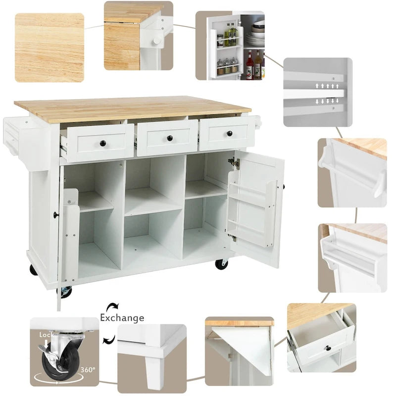 Oaks Aura 5-wheel White Kitchen Cart, Rubberwood Drop-Leaf Countertop, Internal storage racks, 3-drawer Storage Cabinet