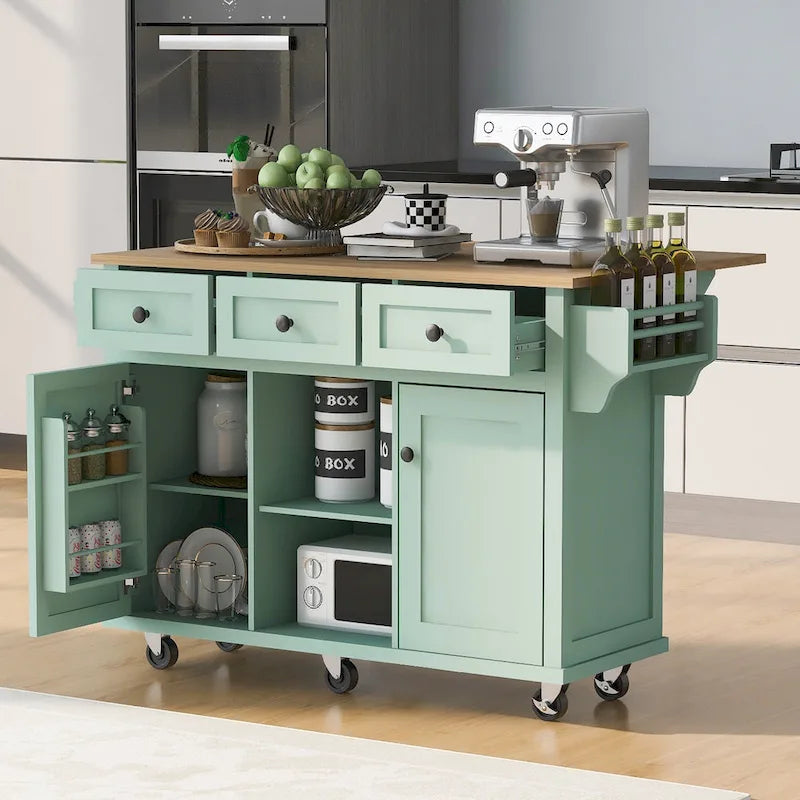 Oaks Aura 5-wheel White Kitchen Cart, Rubberwood Drop-Leaf Countertop, Internal storage racks, 3-drawer Storage Cabinet