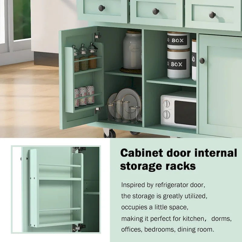 Oaks Aura 5-wheel White Kitchen Cart, Rubberwood Drop-Leaf Countertop, Internal storage racks, 3-drawer Storage Cabinet