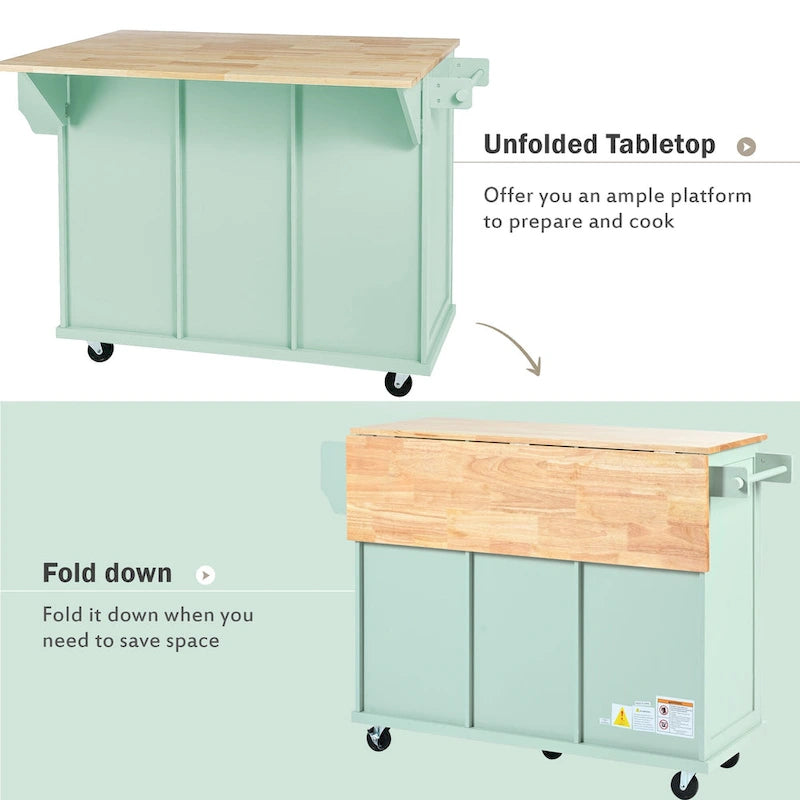 Oaks Aura 5-wheel White Kitchen Cart, Rubberwood Drop-Leaf Countertop, Internal storage racks, 3-drawer Storage Cabinet