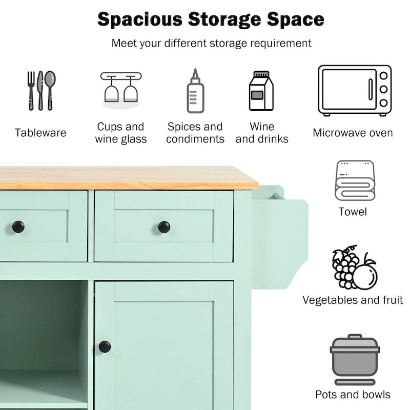 Oaks Aura 5-wheel White Kitchen Cart, Rubberwood Drop-Leaf Countertop, Internal storage racks, 3-drawer Storage Cabinet