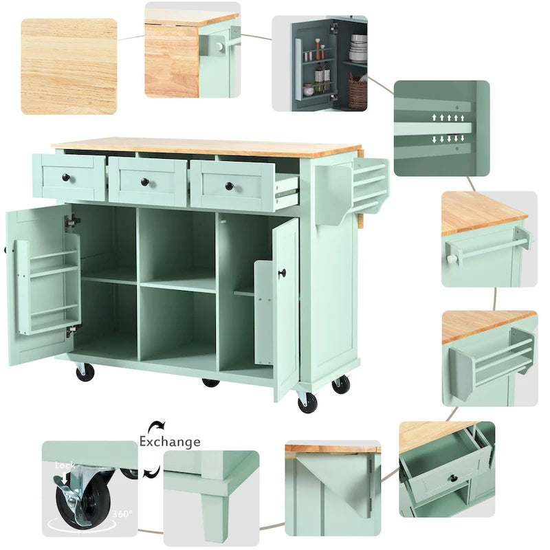 Oaks Aura 5-wheel White Kitchen Cart, Rubberwood Drop-Leaf Countertop, Internal storage racks, 3-drawer Storage Cabinet