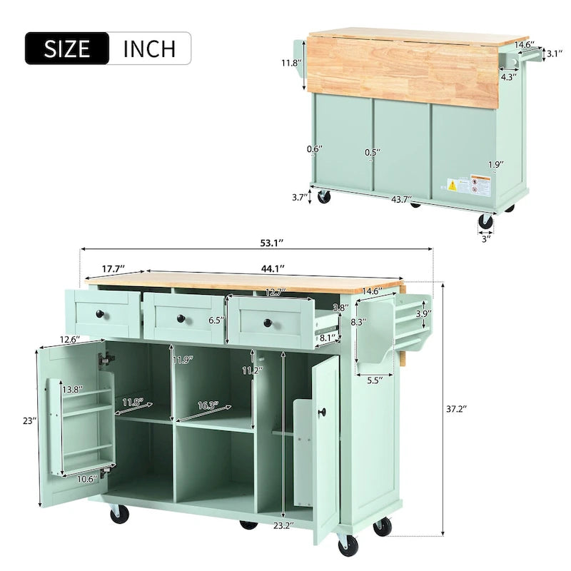 Oaks Aura 5-wheel White Kitchen Cart, Rubberwood Drop-Leaf Countertop, Internal storage racks, 3-drawer Storage Cabinet