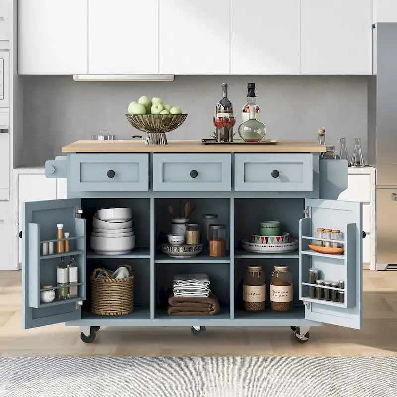 Oaks Aura 5-wheel White Kitchen Cart, Rubberwood Drop-Leaf Countertop, Internal storage racks, 3-drawer Storage Cabinet