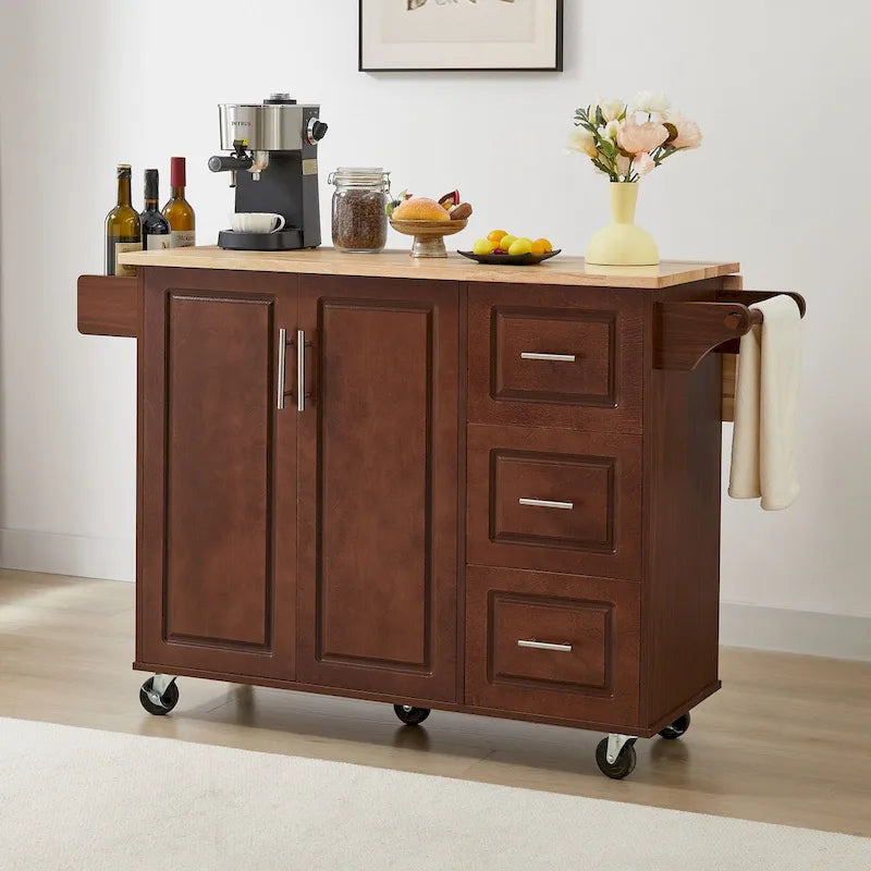 53.8 in. W Rolling Kitchen Island with Internal Storage Rack and Three Drawers
