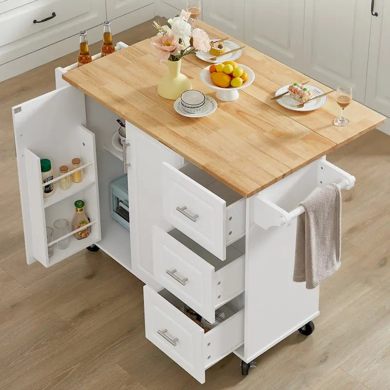 53.8 in. W Rolling Kitchen Island with Internal Storage Rack and Three Drawers