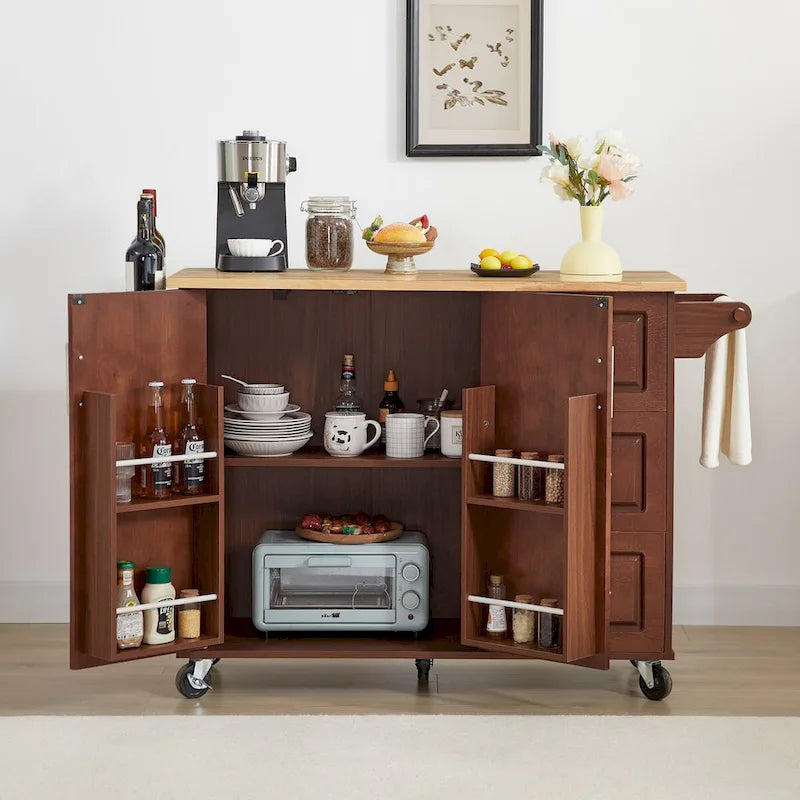 53.8 in. W Rolling Kitchen Island with Internal Storage Rack and Three Drawers