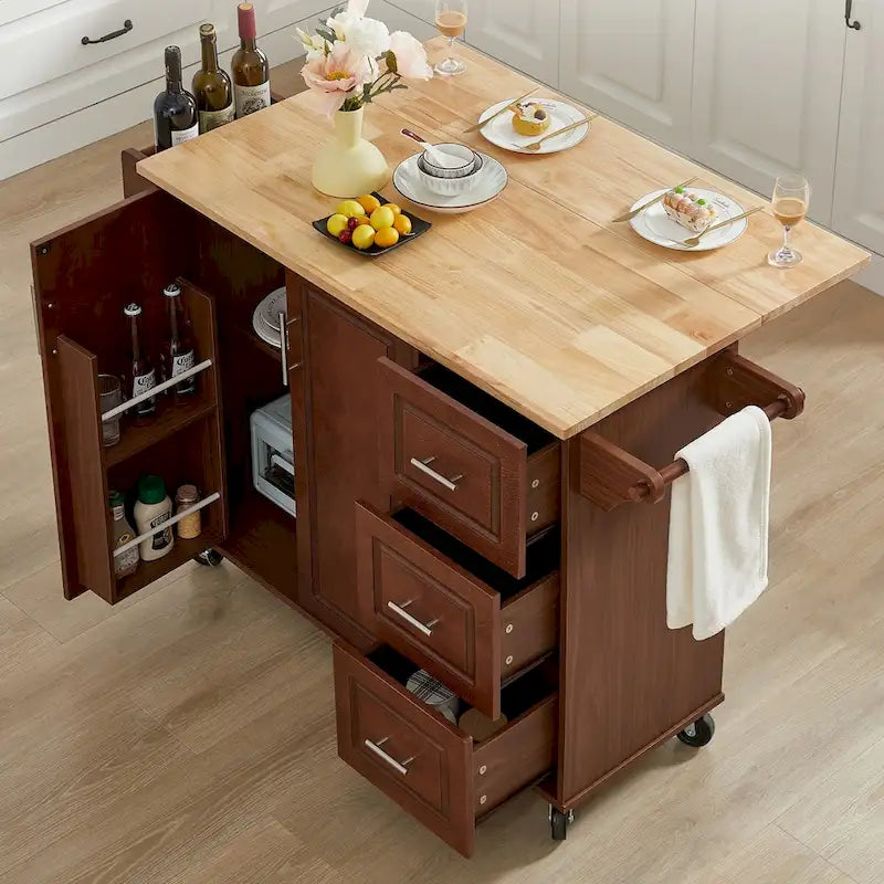 53.8 in. W Rolling Kitchen Island with Internal Storage Rack and Three Drawers